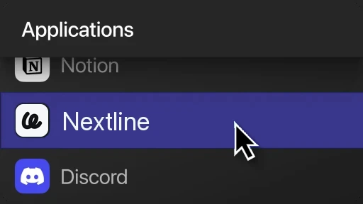 Nextline selected in the macOS Applications list, between Notion and Discord.